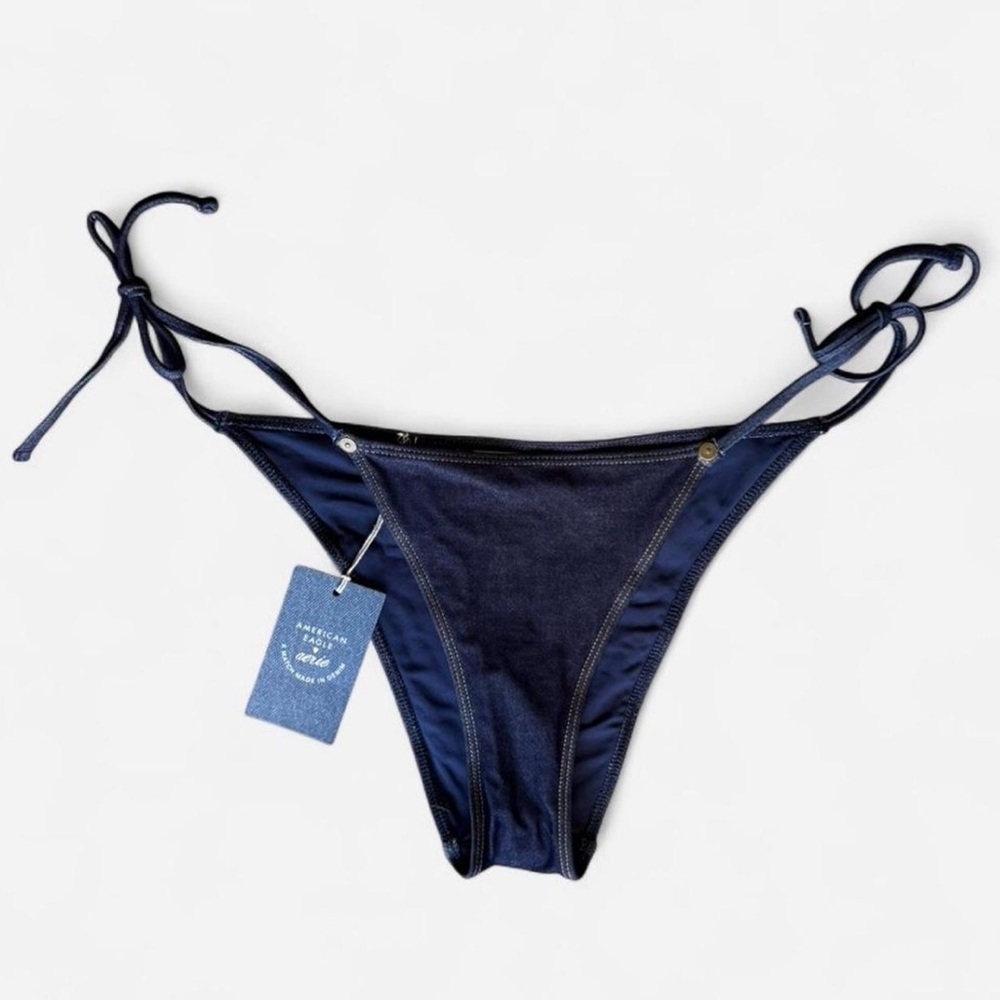 American Eagle Aerie Women Denim Side Tie Cheeky Bikini Bottom Blue Size M NWT